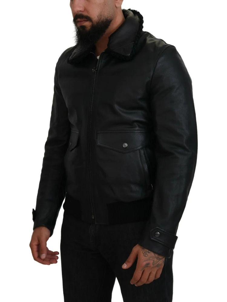 Black Lamb Leather Collared Men Coat Jacket alternative