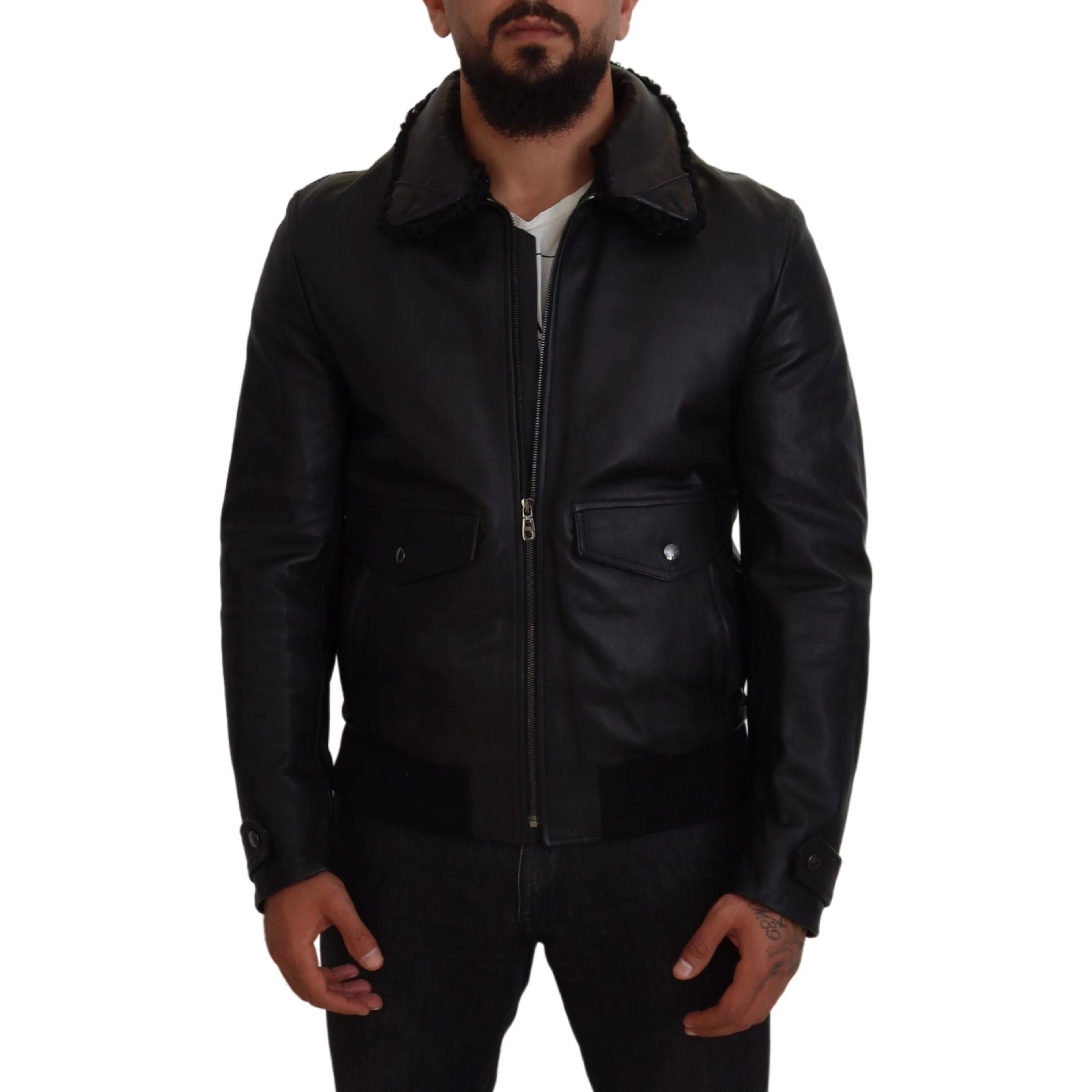 Black Lamb Leather Collared Men Coat Jacket
