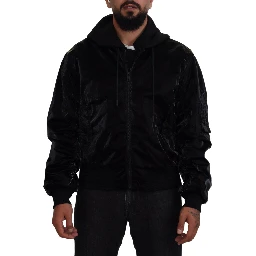 Black Nylon Hooded Full Zip Bomber Jacket