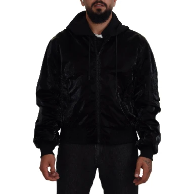 Black Nylon Hooded Full Zip Bomber Jacket