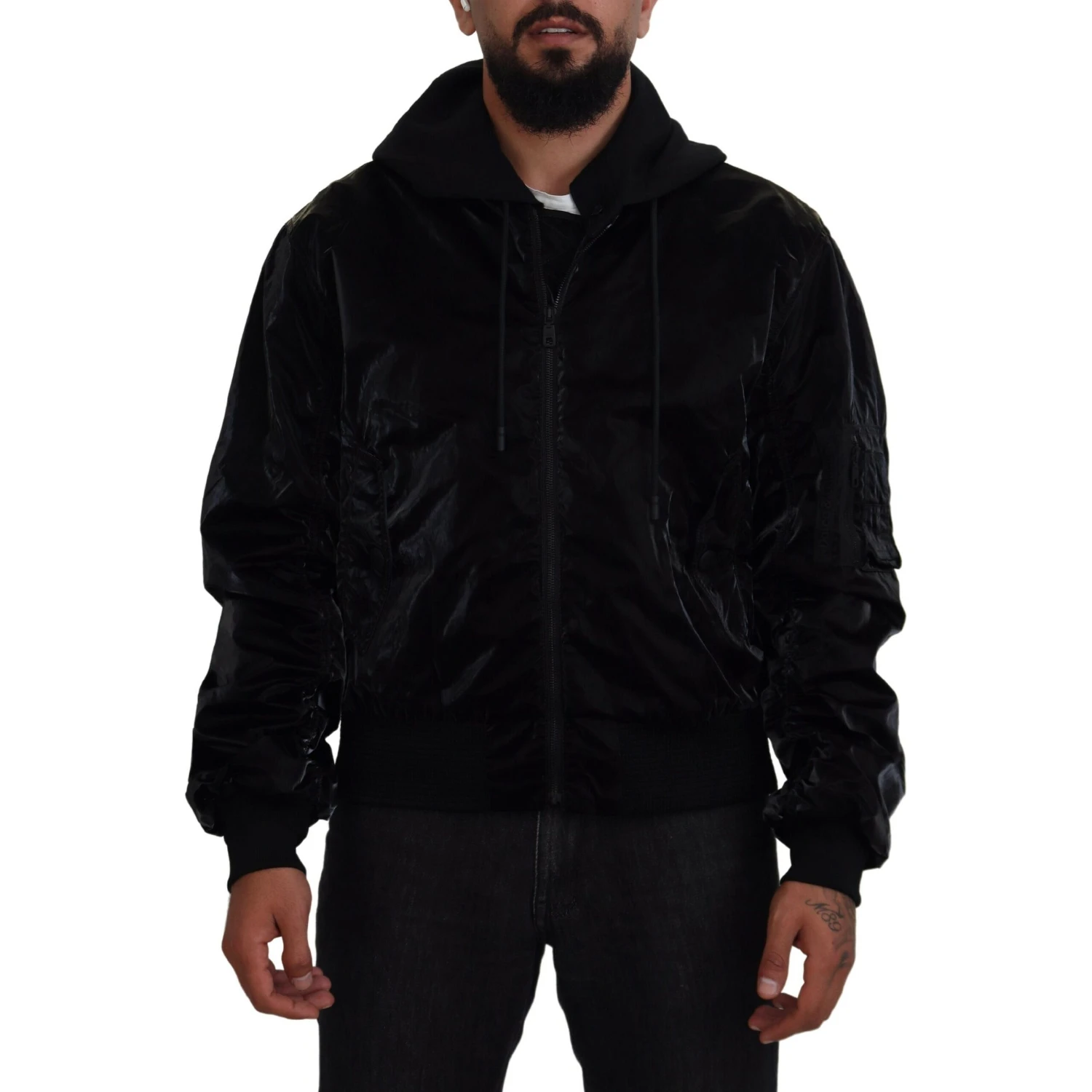 Black Nylon Hooded Full Zip Bomber Jacket