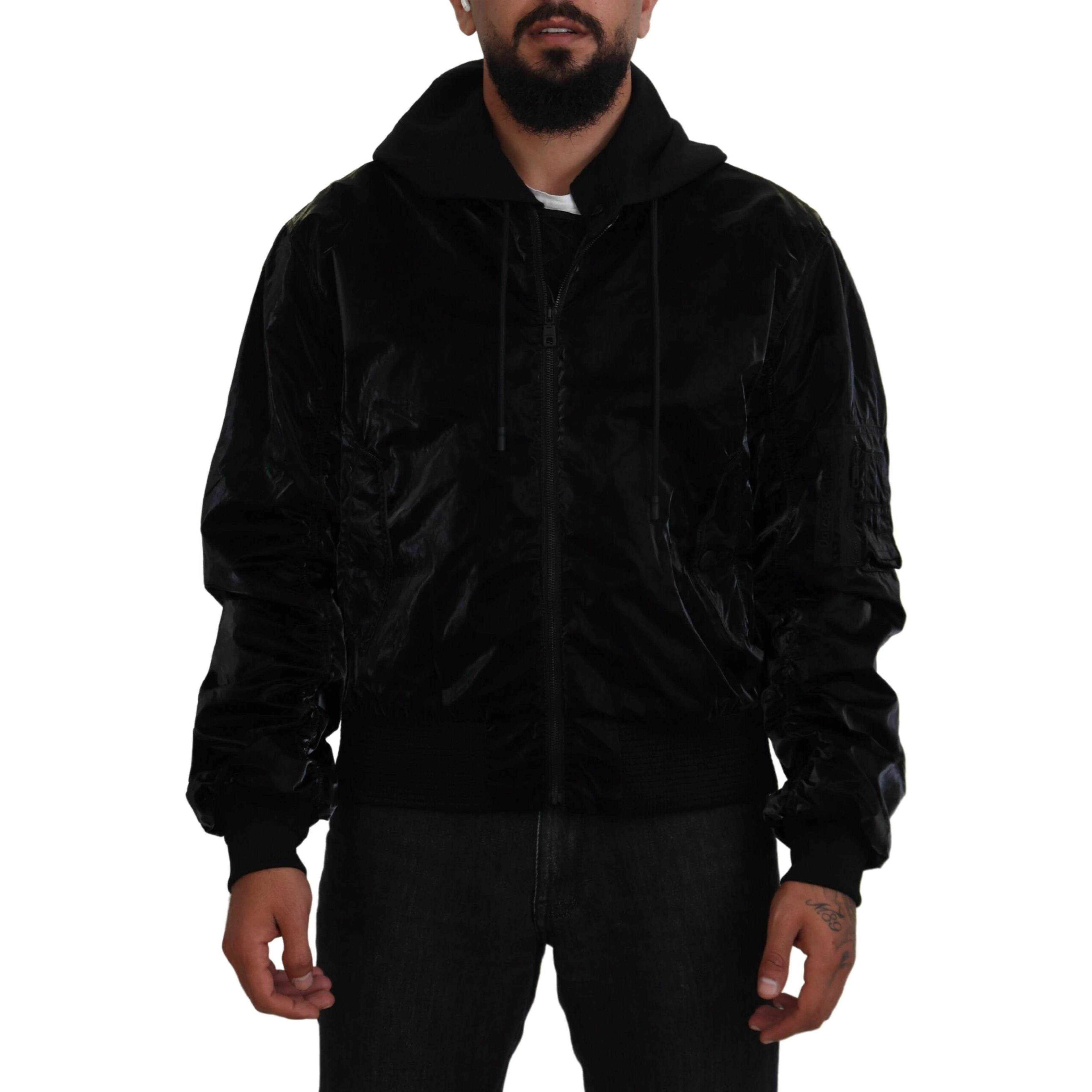 Black Nylon Hooded Full Zip Bomber Jacket
