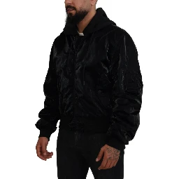 Black Nylon Hooded Full Zip Bomber Jacket