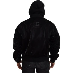 Black Nylon Hooded Full Zip Bomber Jacket
