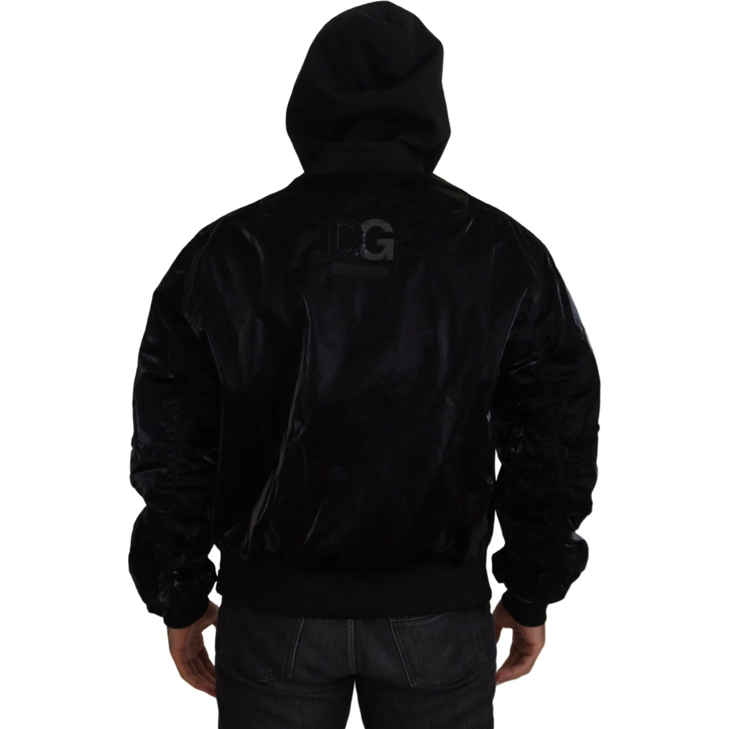 Black Nylon Hooded Full Zip Bomber Jacket