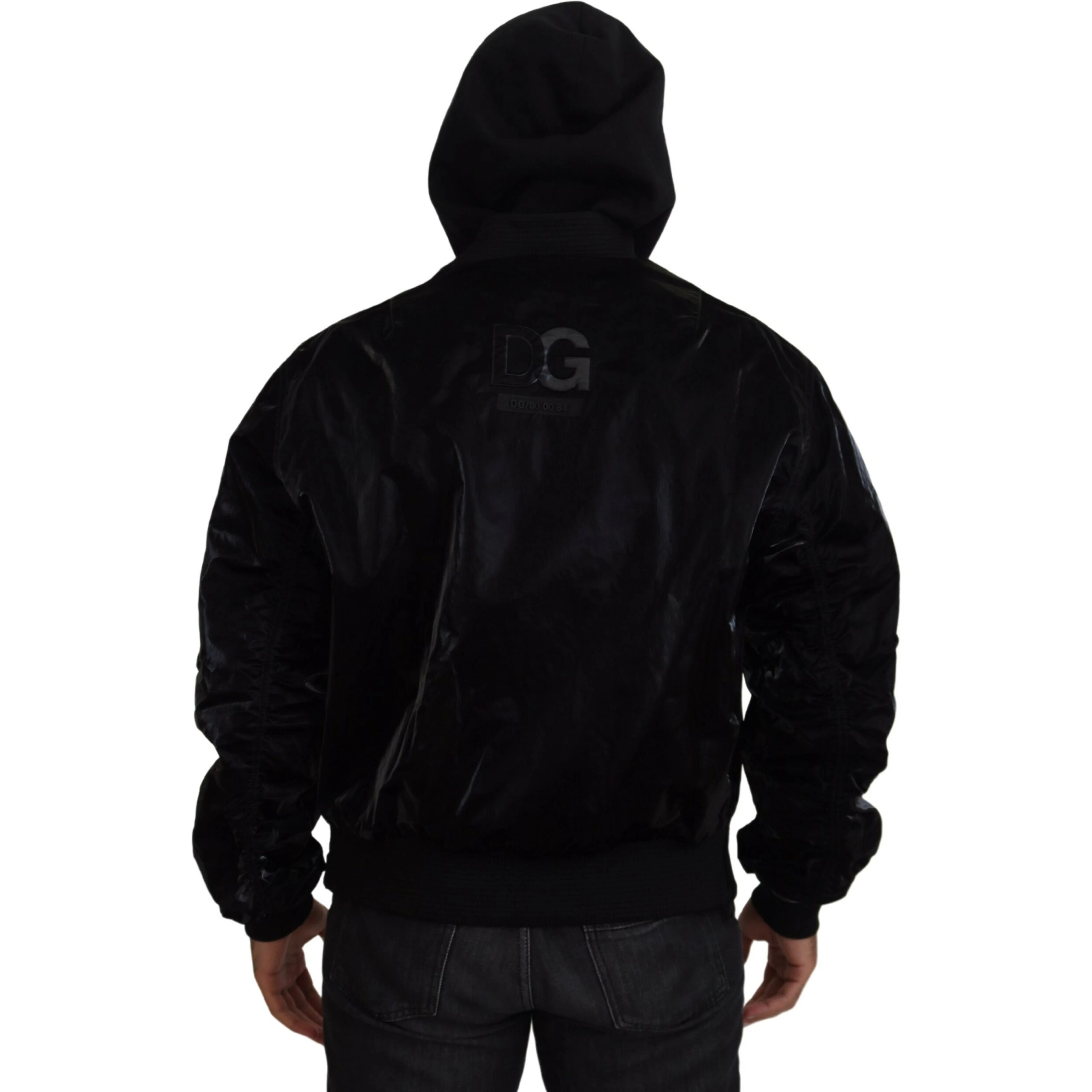 Black Nylon Hooded Full Zip Bomber Jacket