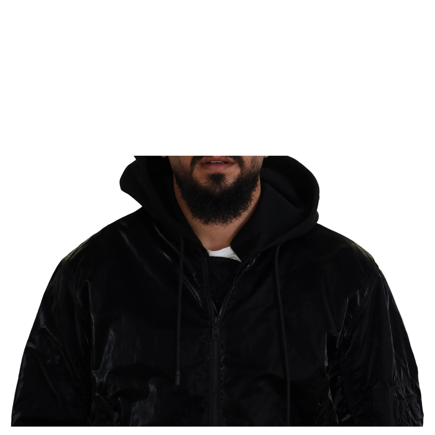 Black Nylon Hooded Full Zip Bomber Jacket