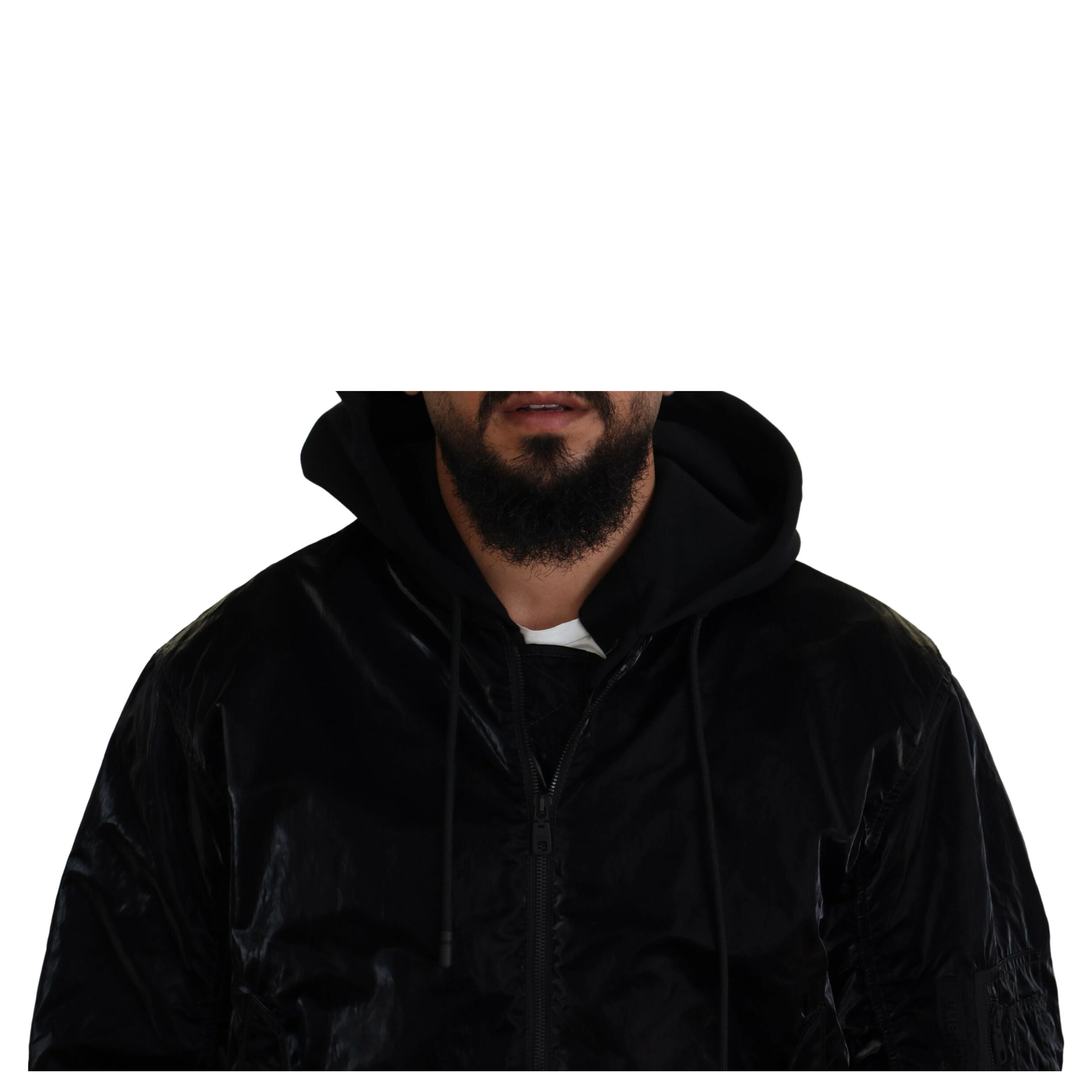 Black Nylon Hooded Full Zip Bomber Jacket