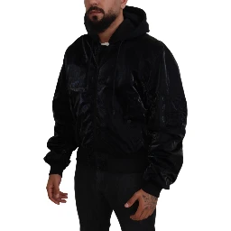 Black Nylon Hooded Full Zip Bomber Jacket