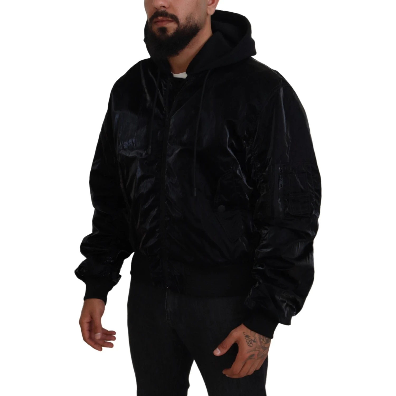 Black Nylon Hooded Full Zip Bomber Jacket