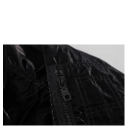 Black Nylon Hooded Full Zip Bomber Jacket