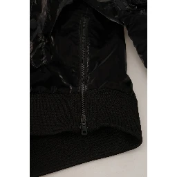 Black Nylon Hooded Full Zip Bomber Jacket