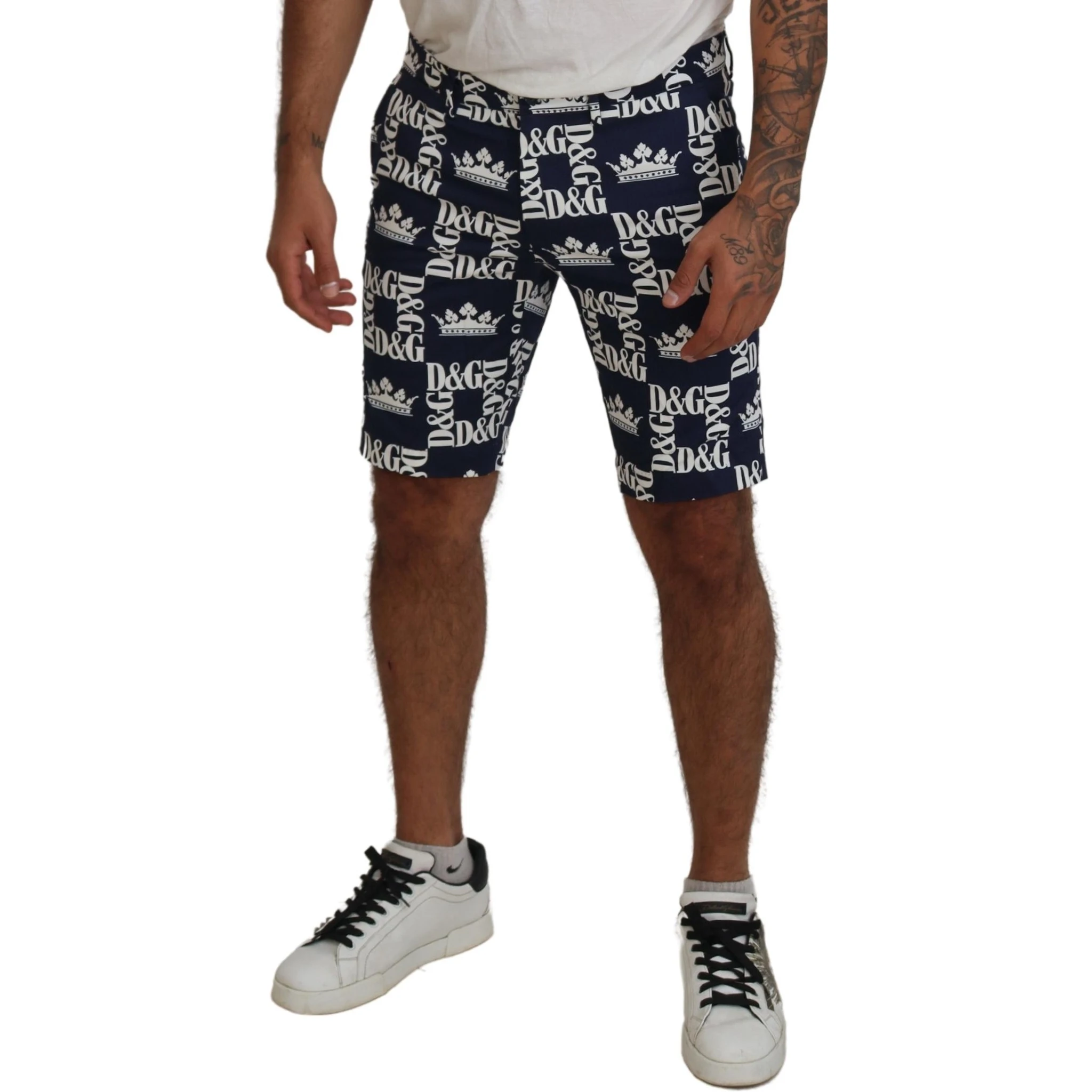 Blue Logo Print Cotton Chinos Shorts