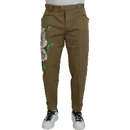 Beige Cotton Stretch Floral Chinos Pants
