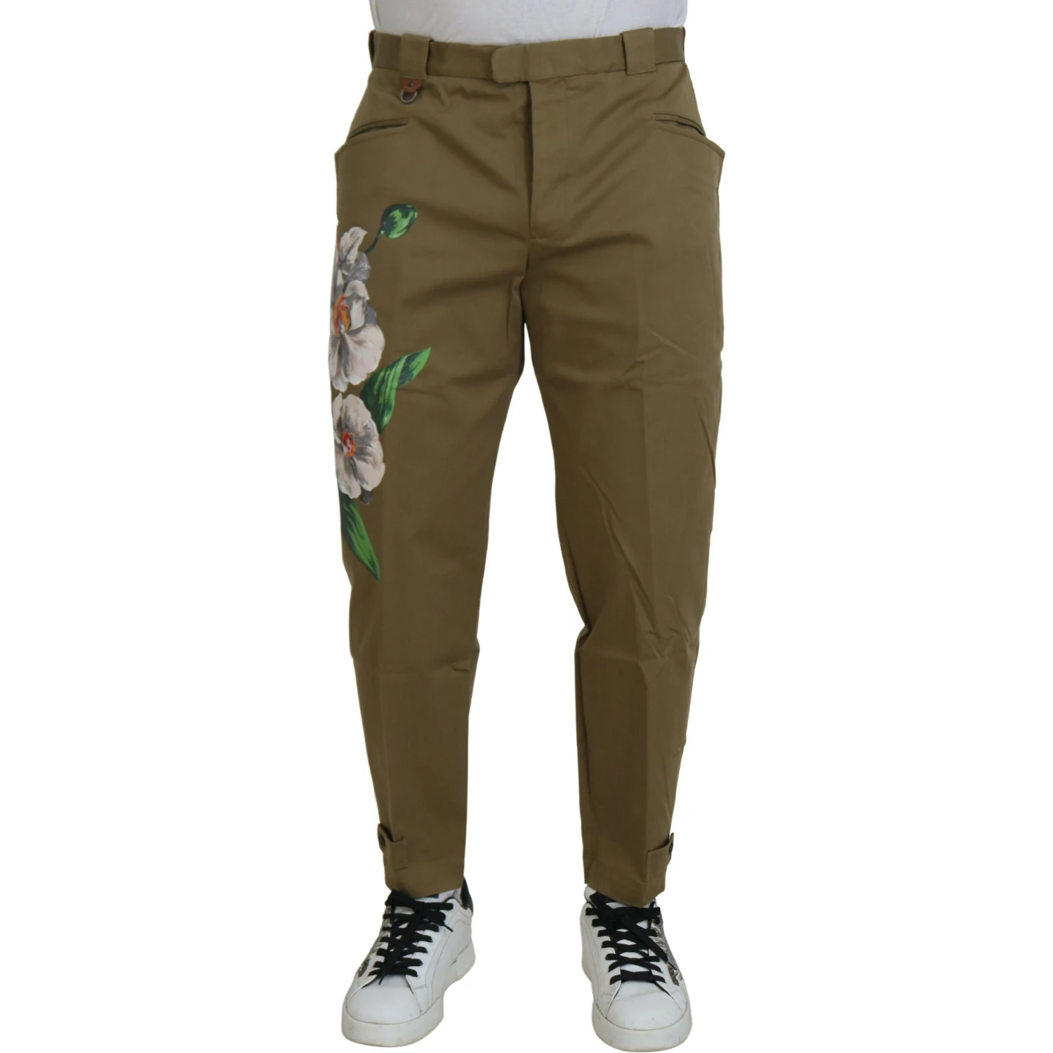 Beige Cotton Stretch Floral Chinos Pants