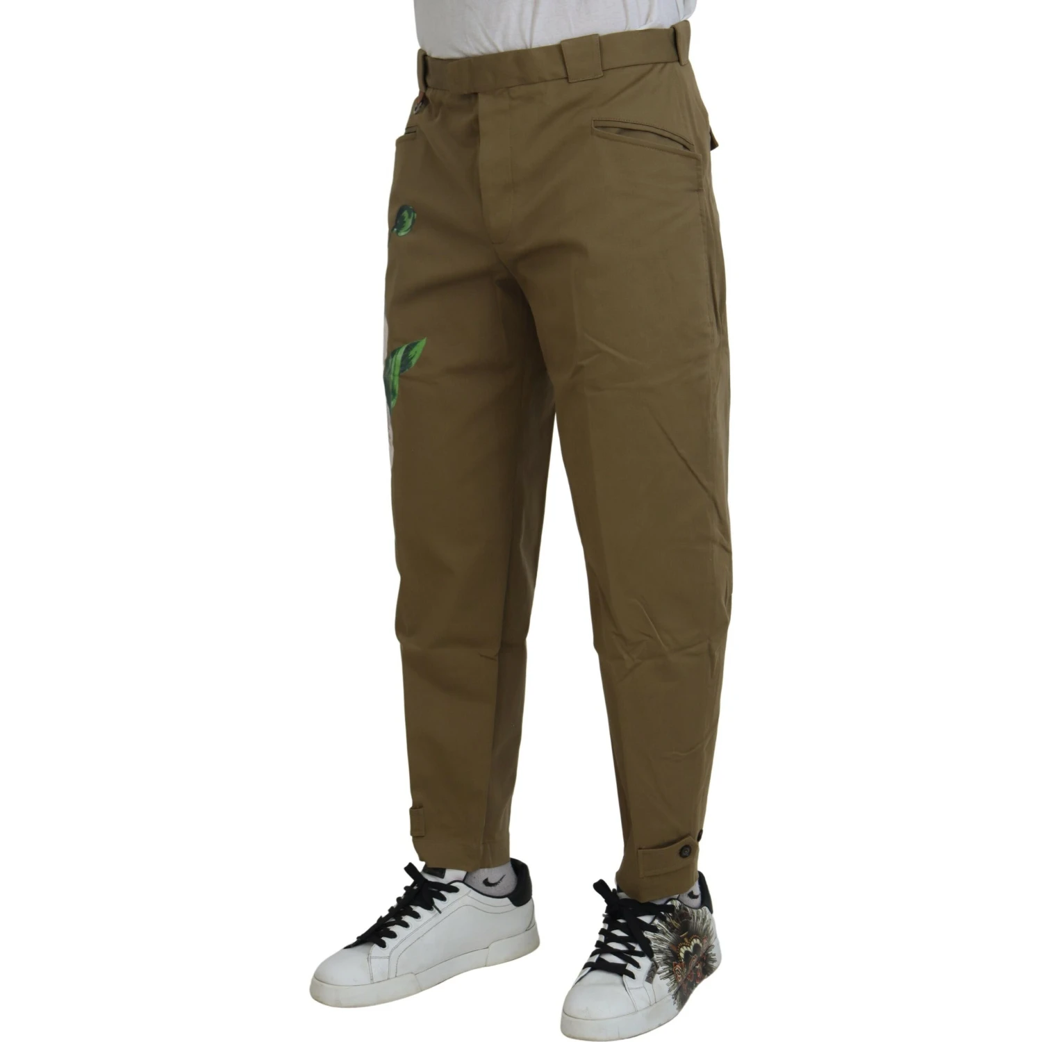 Beige Cotton Stretch Floral Chinos Pants