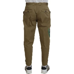 Beige Cotton Stretch Floral Chinos Pants