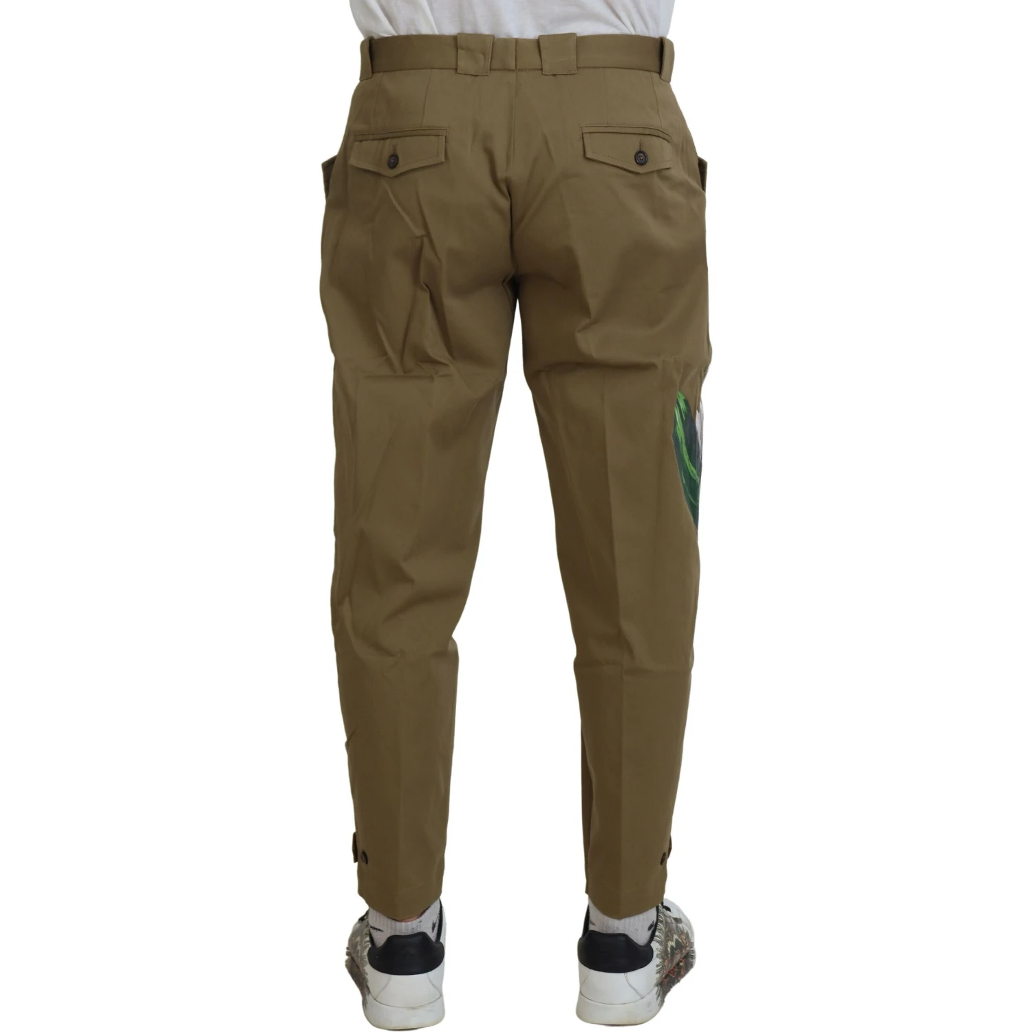 Beige Cotton Stretch Floral Chinos Pants