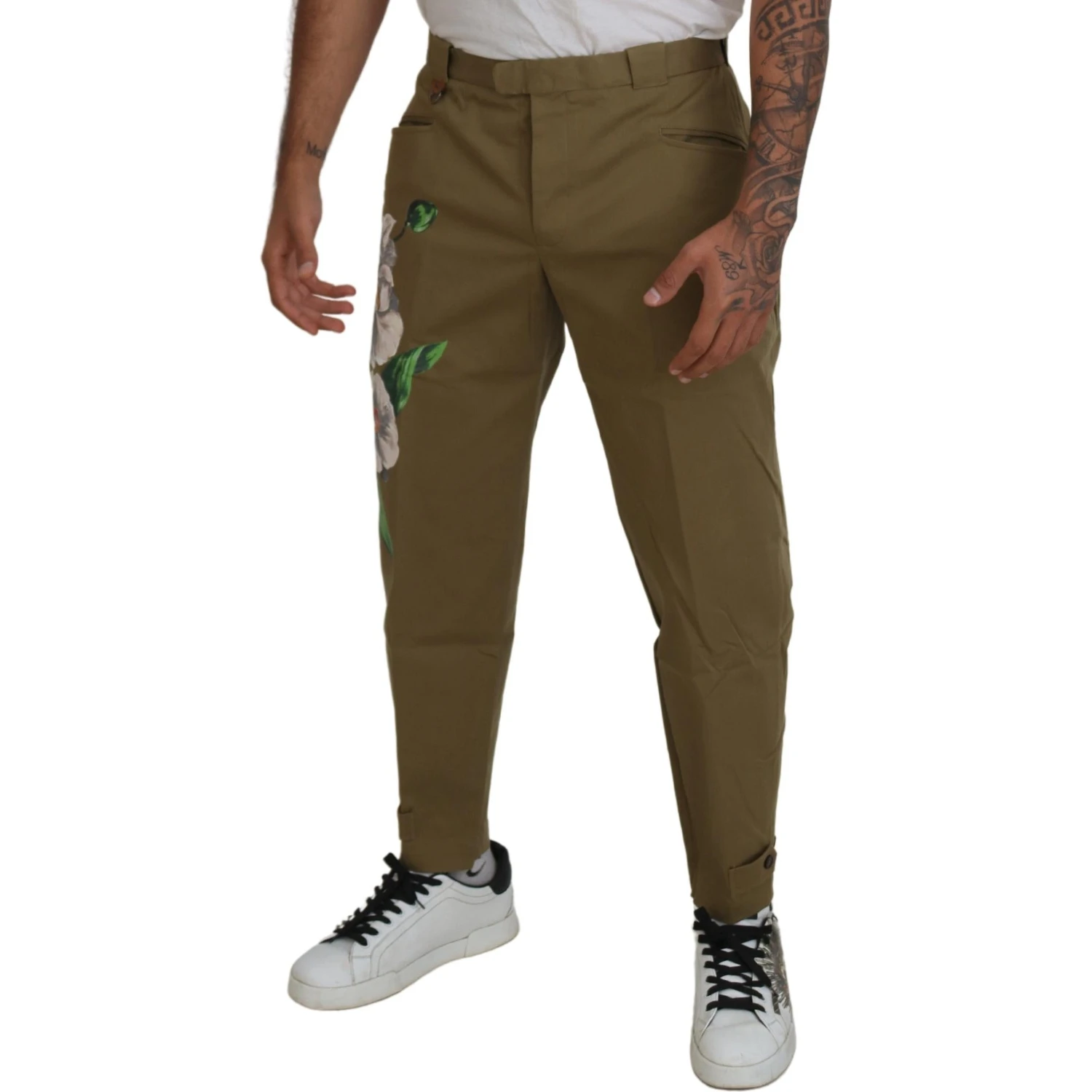 Beige Cotton Stretch Floral Chinos Pants