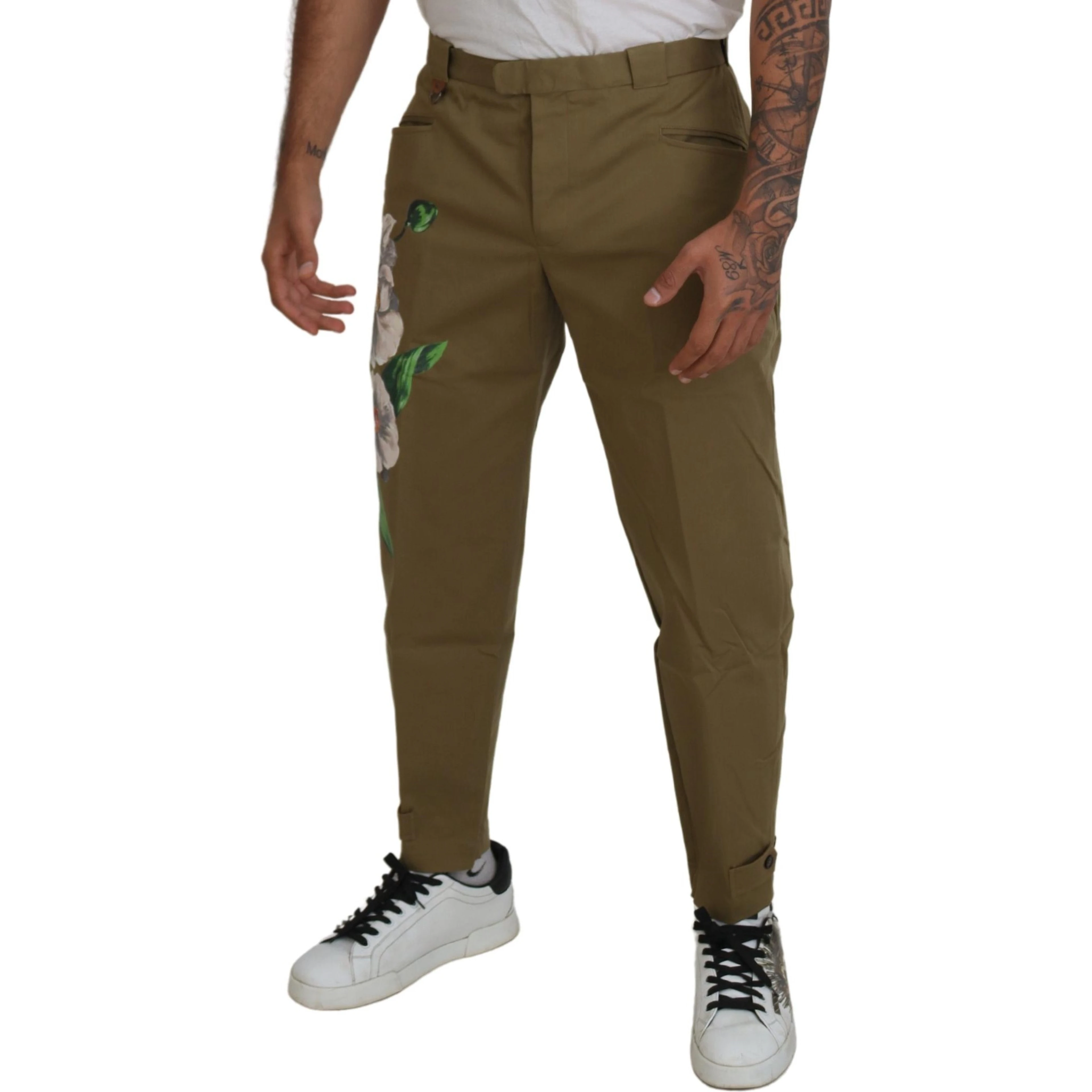 Beige Cotton Stretch Floral Chinos Pants