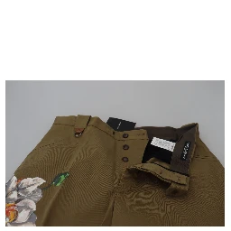 Beige Cotton Stretch Floral Chinos Pants