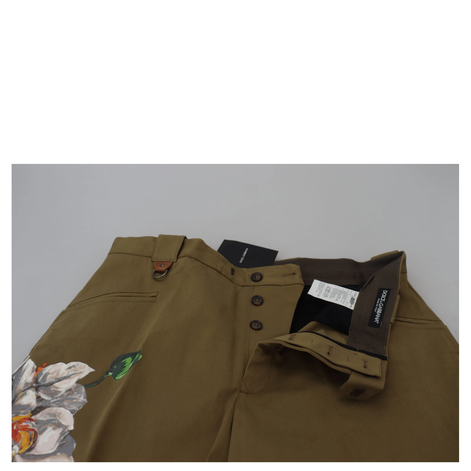 Beige Cotton Stretch Floral Chinos Pants