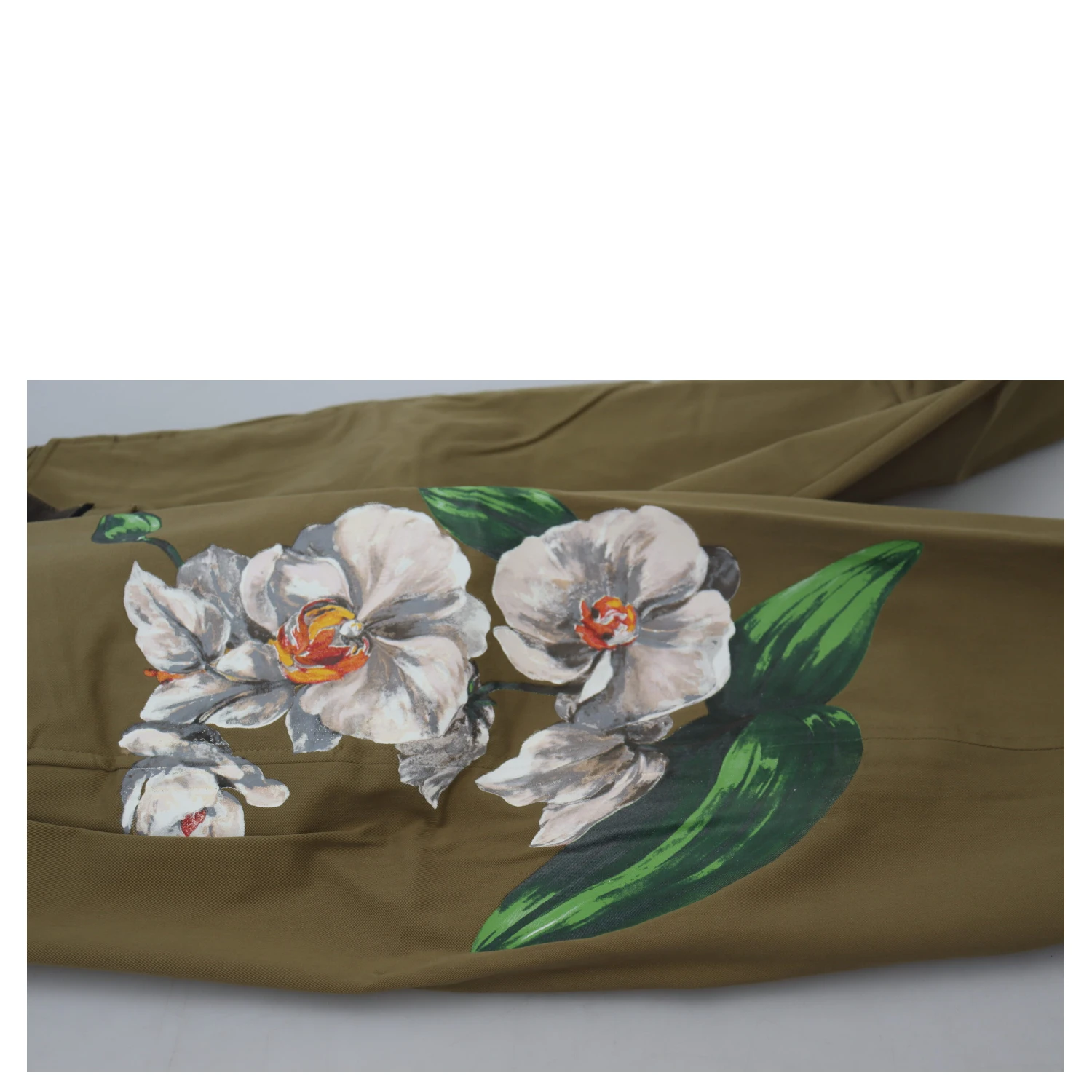 Beige Cotton Stretch Floral Chinos Pants
