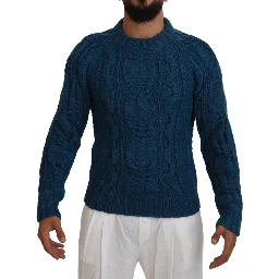 Blue Knitted Wool Alpaca Pullover Sweater