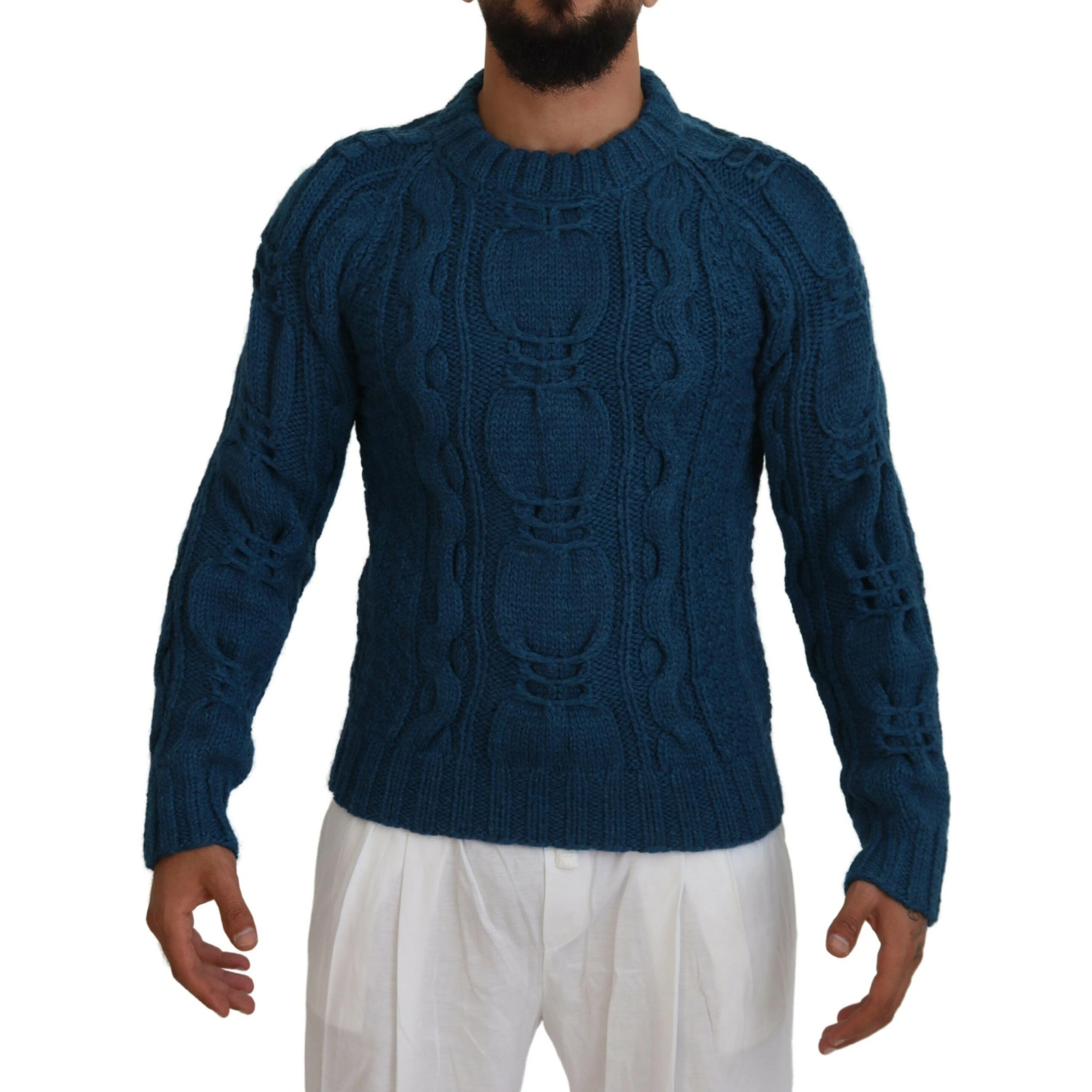 Blue Knitted Wool Alpaca Pullover Sweater