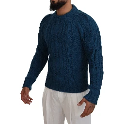 Blue Knitted Wool Alpaca Pullover Sweater