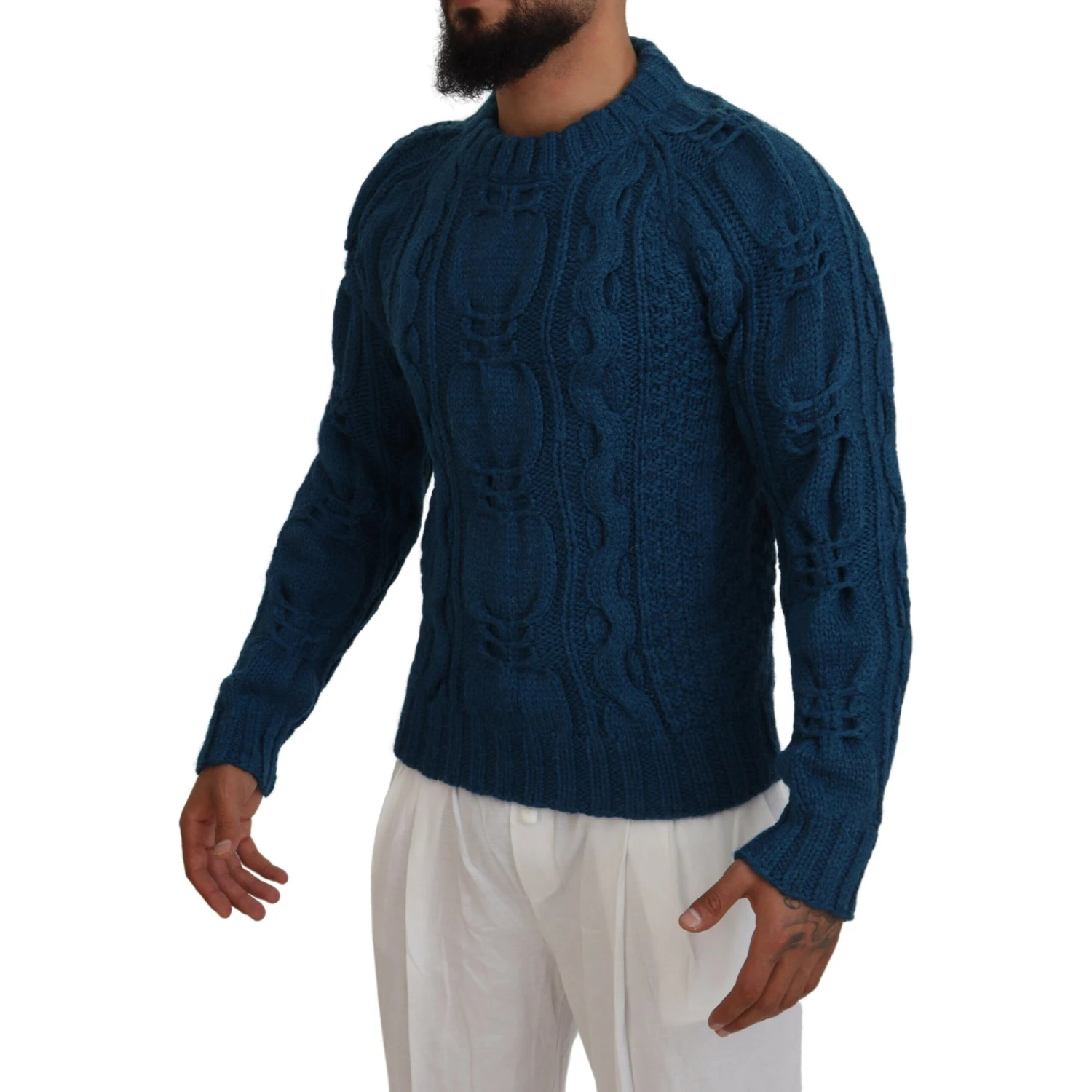 Blue Knitted Wool Alpaca Pullover Sweater