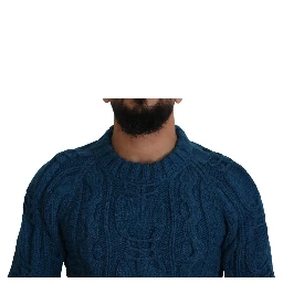 Blue Knitted Wool Alpaca Pullover Sweater
