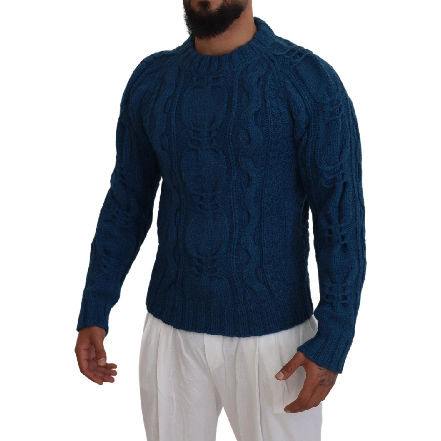 Blue Knitted Wool Alpaca Pullover Sweater