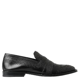 Black Leather Slipper Loafers Stitched Shoes