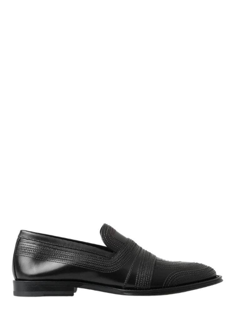 Black Leather Slipper Loafers Stitched Shoes