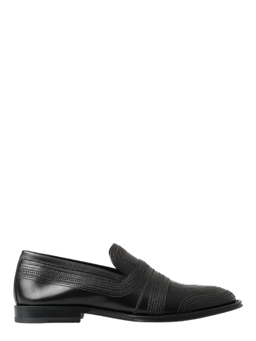 Black Leather Slipper Loafers Stitched Shoes