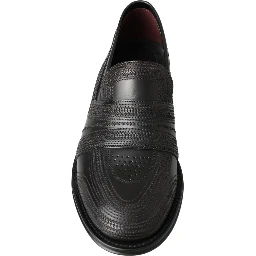 Black Leather Slipper Loafers Stitched Shoes