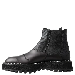 Black Leather Slip on Stretch Boots