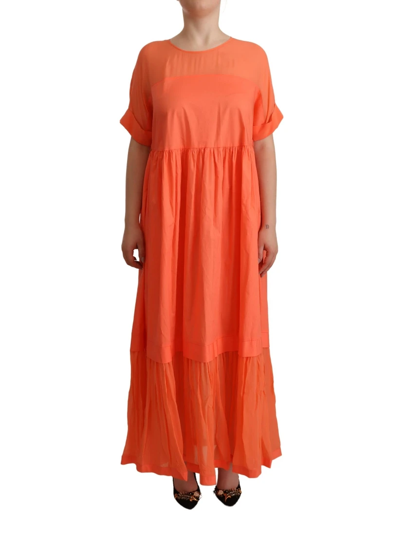 Coral Cotton Blend Short Sleeves Maxi Shift Dress