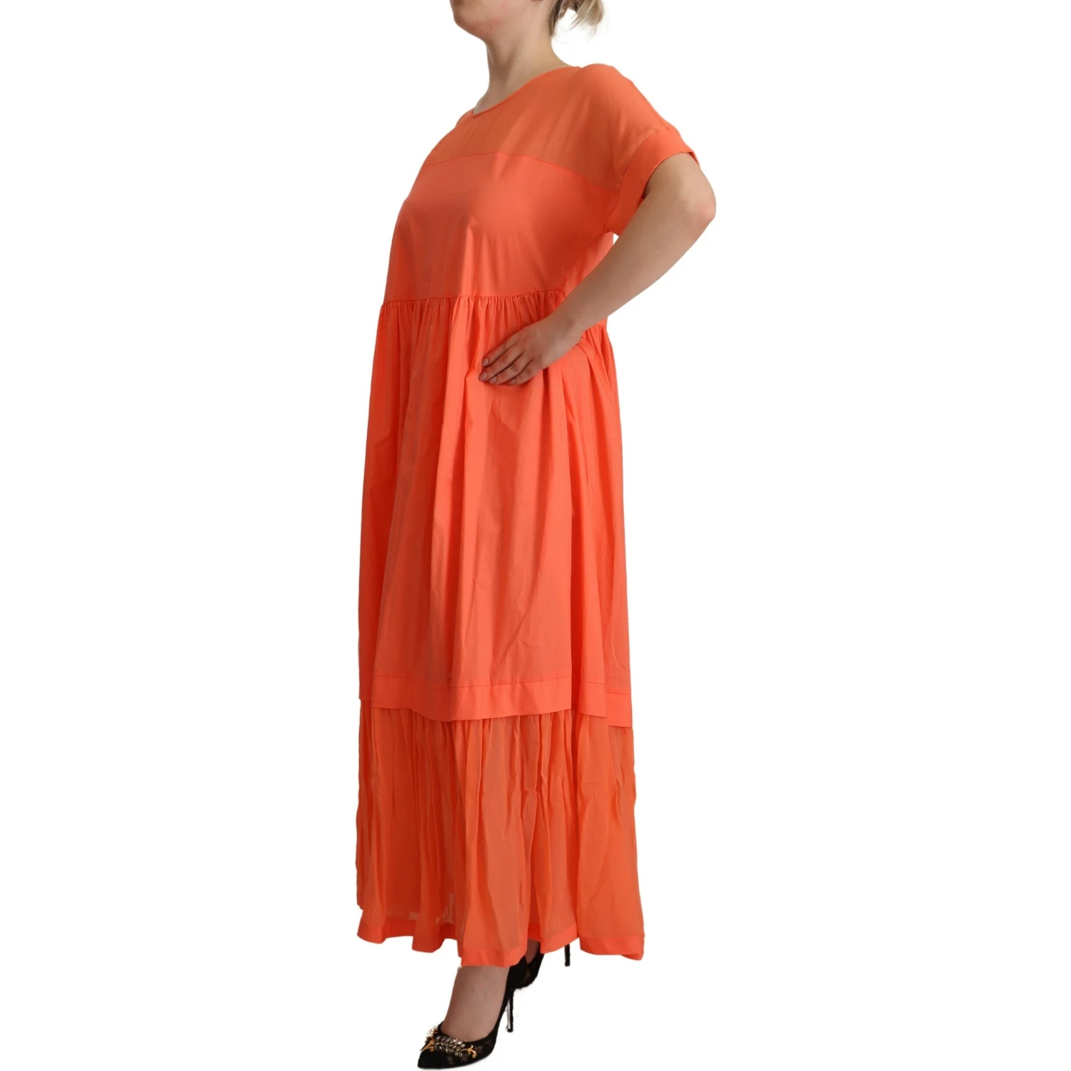 Coral Cotton Blend Short Sleeves Maxi Shift Dress