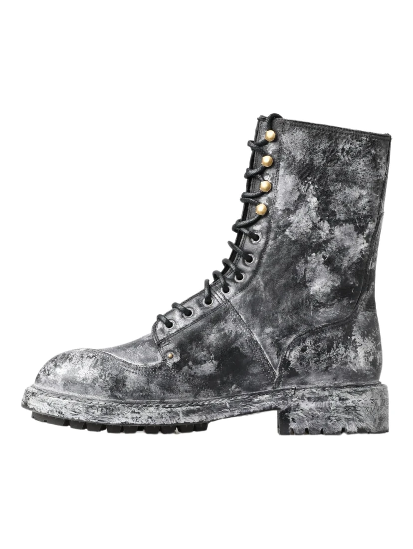 Black Gray Leather Mid Calf Boots Shoes