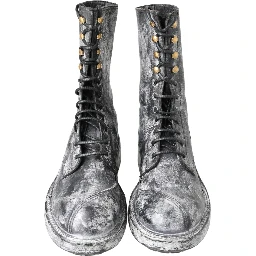 Black Gray Leather Mid Calf Boots Shoes