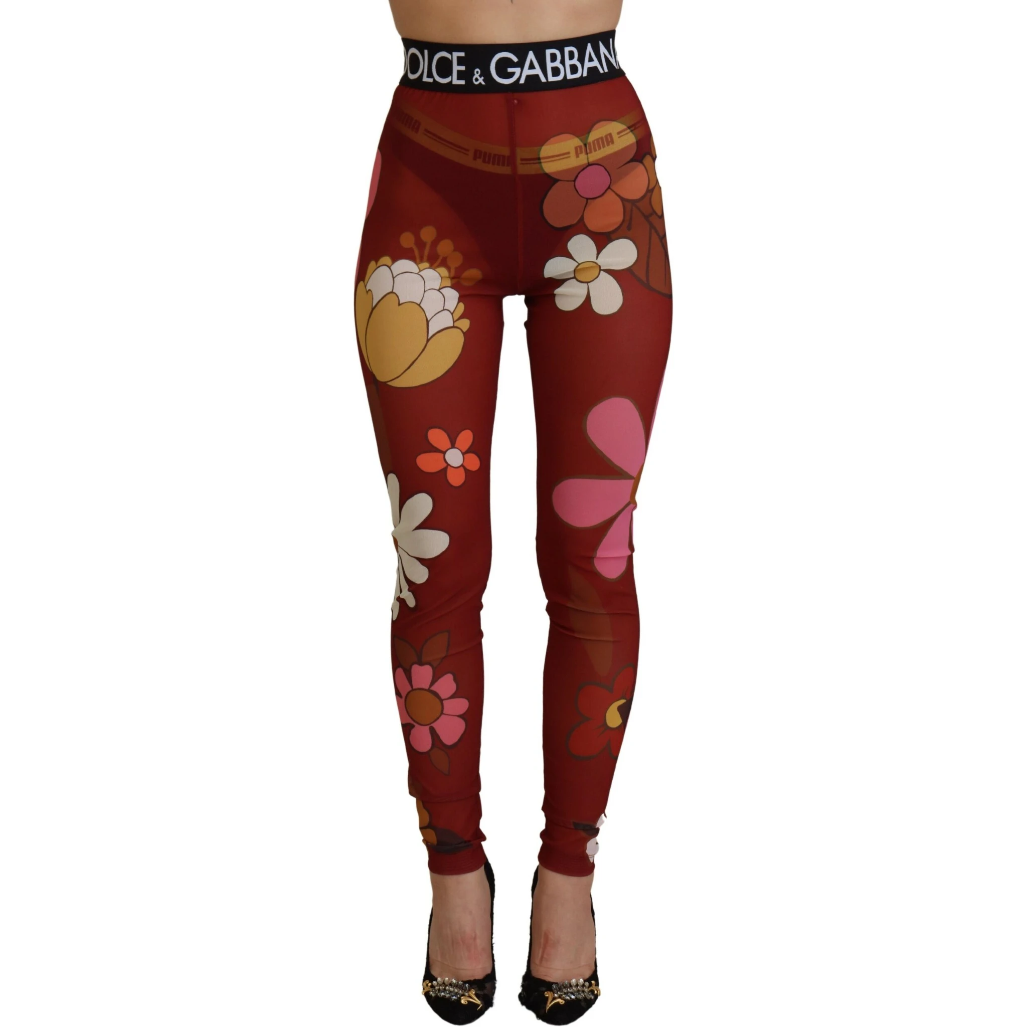 Red Floral Leggings Stretch Waist Pants