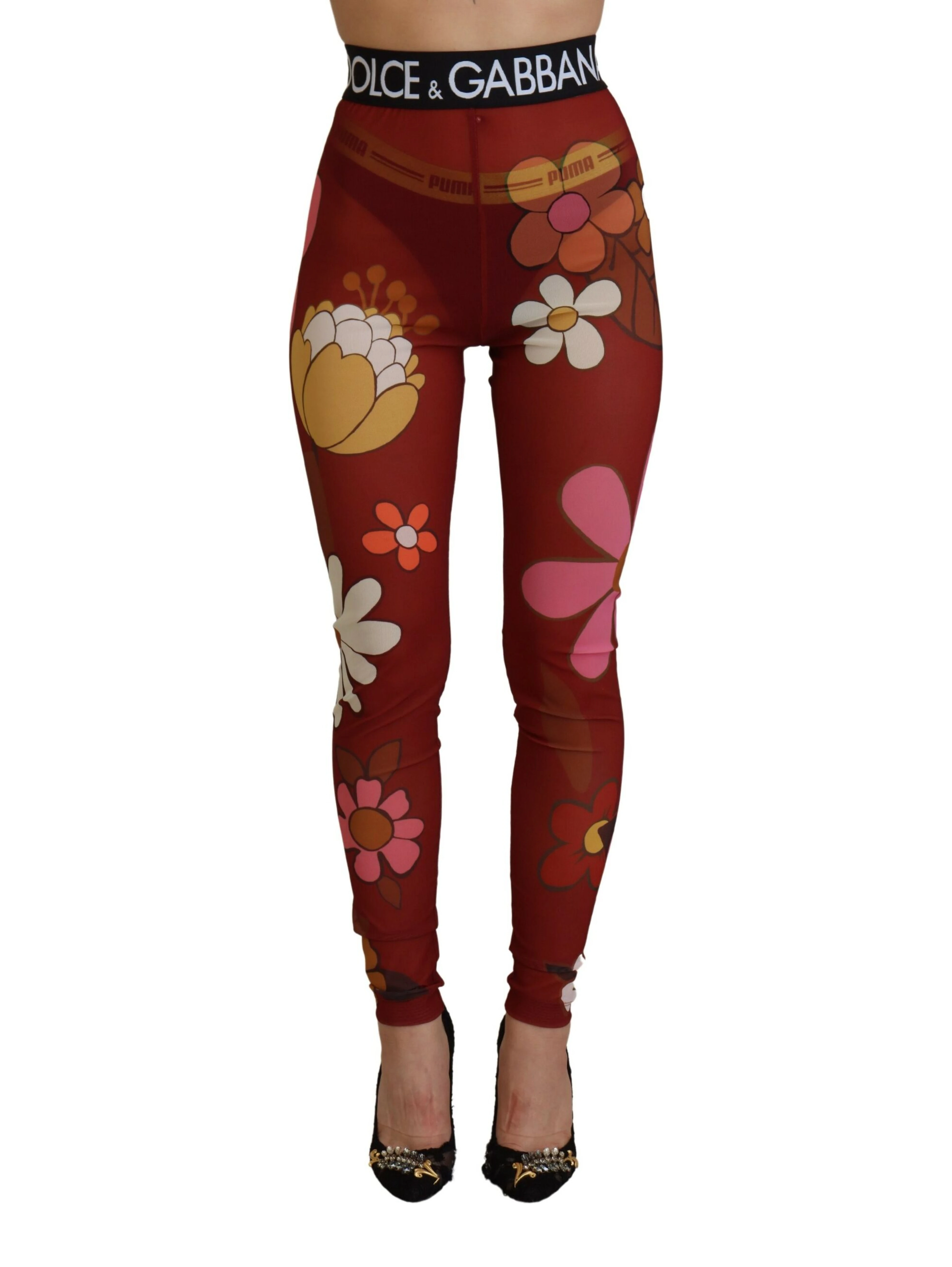 Red Floral Leggings Stretch Waist Pants