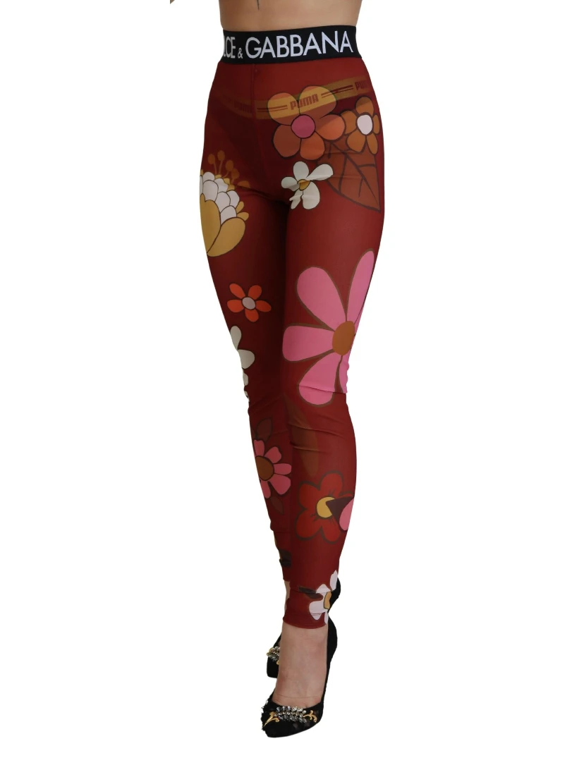 Red Floral Leggings Stretch Waist Pants