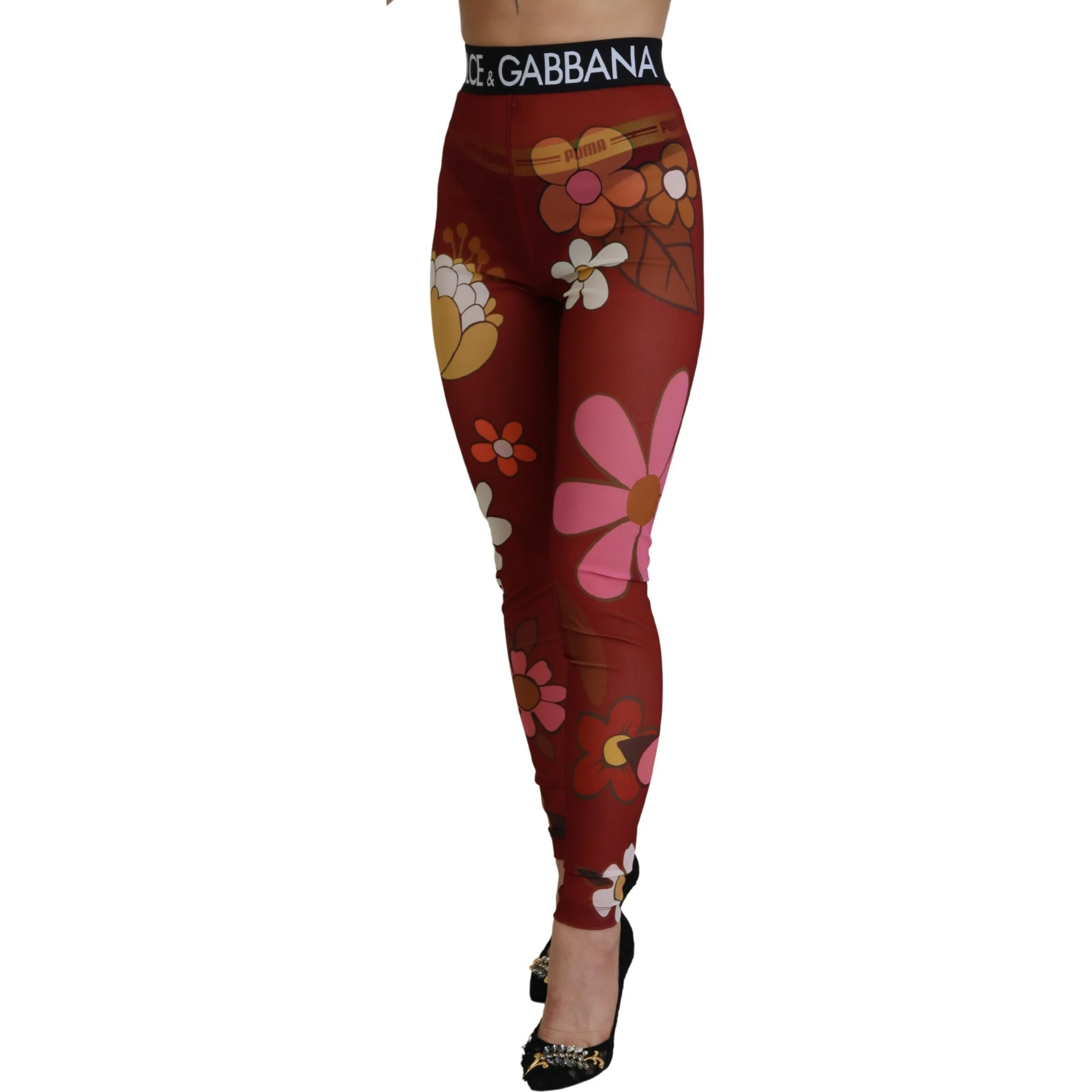 Red Floral Leggings Stretch Waist Pants