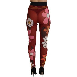 Red Floral Leggings Stretch Waist Pants