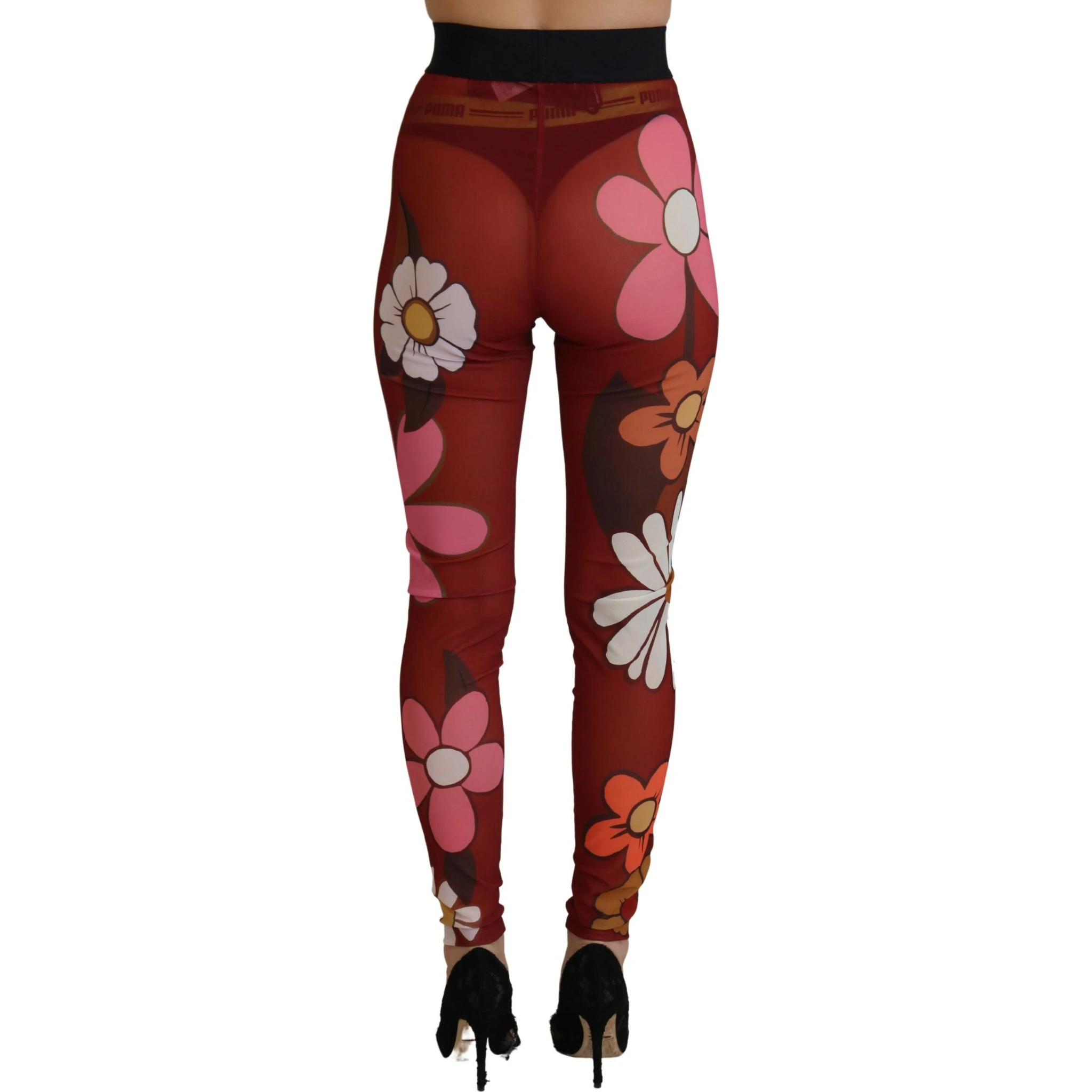 Red Floral Leggings Stretch Waist Pants