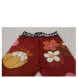 Red Floral Leggings Stretch Waist Pants