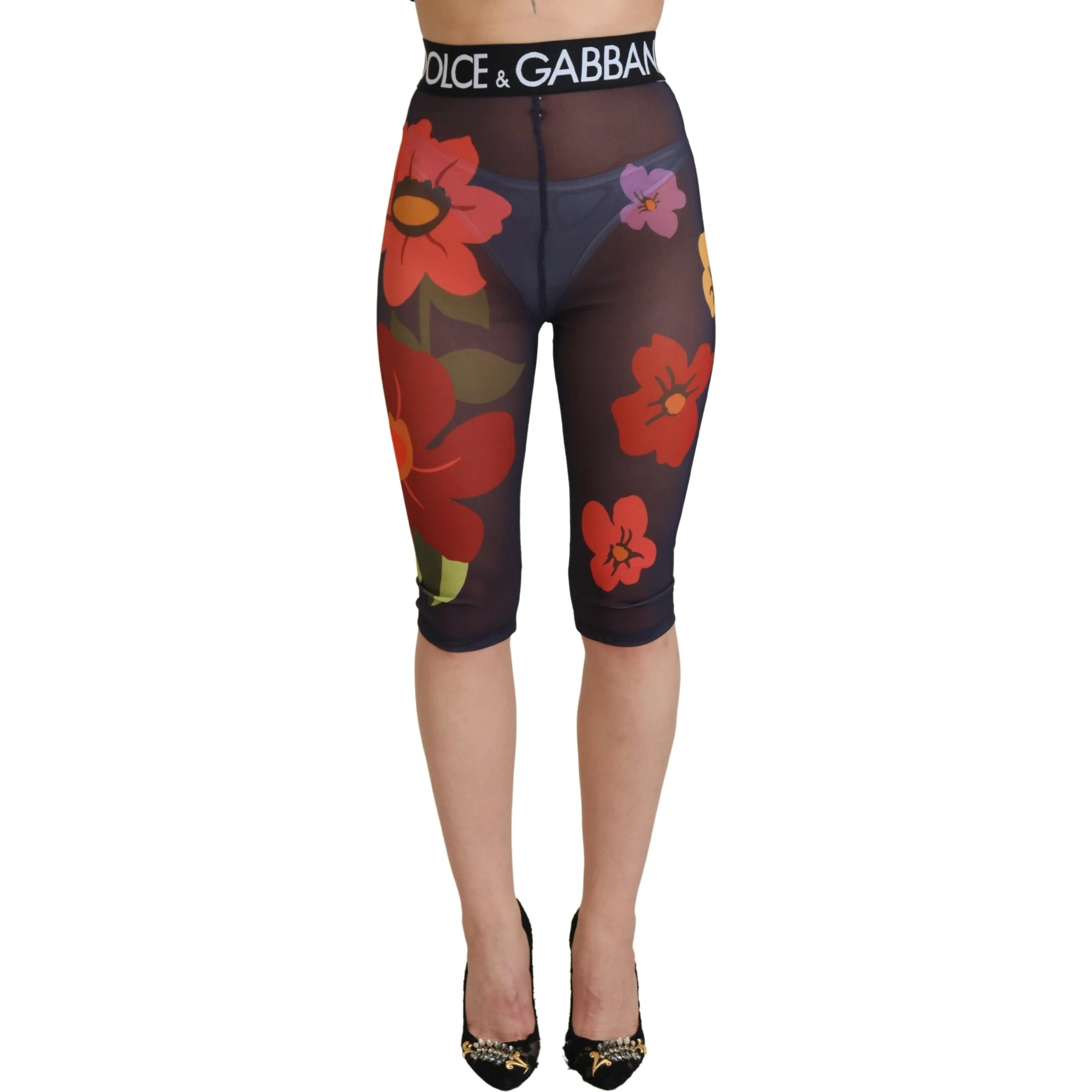 Black Floral Leggings Stretch Waist Pants